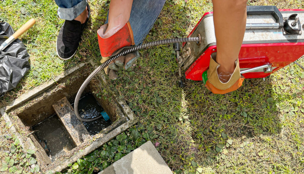 Clearing an outside drain blocked by a clog with a electric plumber's snake